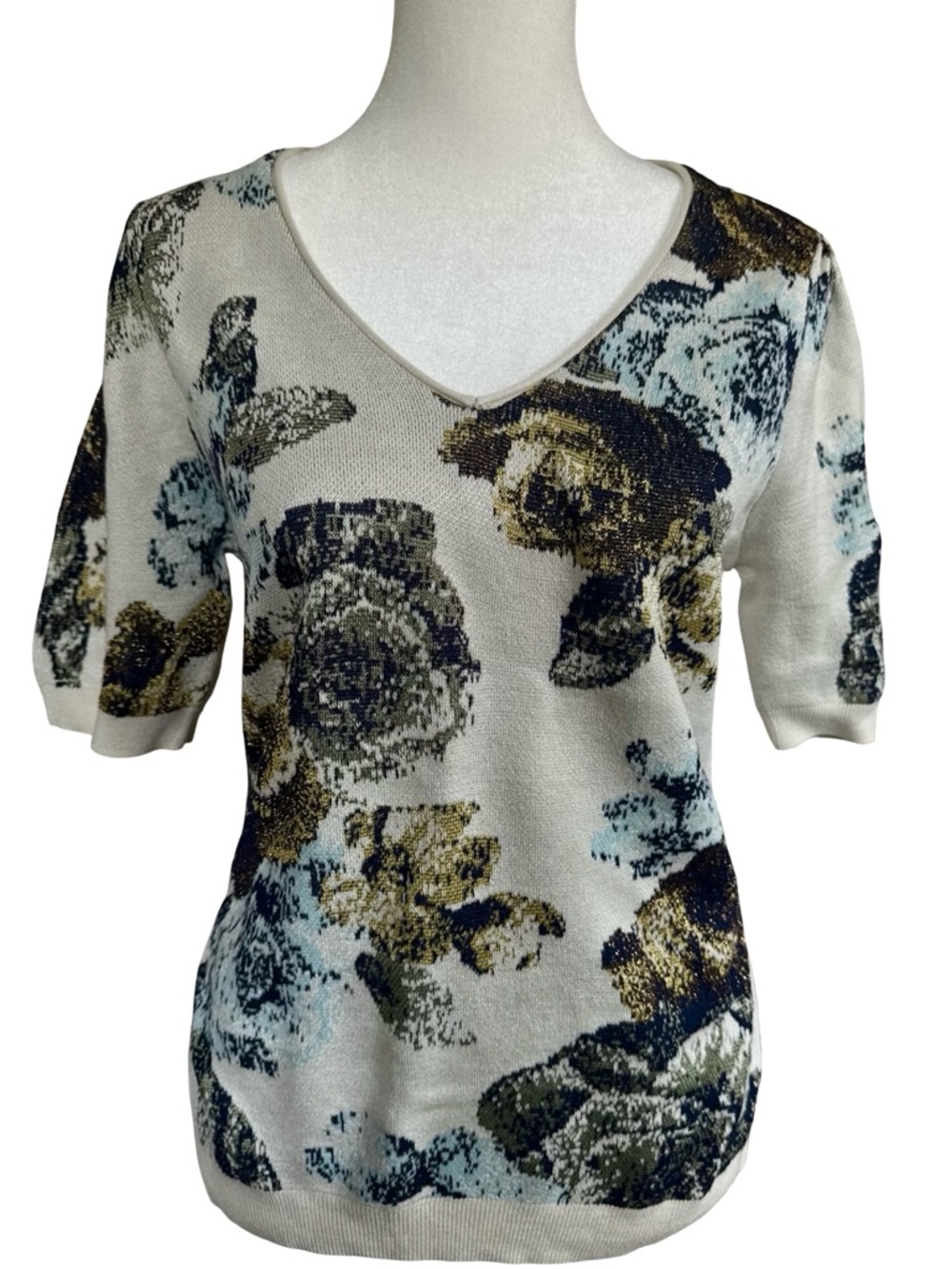 NWT Chico's Floral V-Neck Sweater (cream, black, blue, yellow, copper thread)